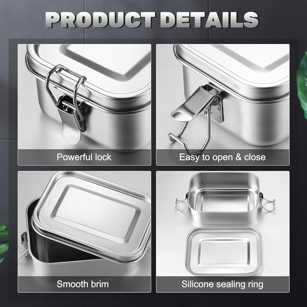 4 Pcs Stainless Steel Bento Box 550ml Metal Lunch Box Food Storage Containers Metal Lunch Container, Lockable Clips to Leak Proof, Reusable Dishwasher Safe Lunch Snack Boxes for Work, School