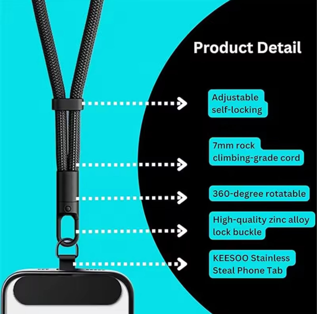 Universally Minimalist Wrist Strap Phone Lanyard with Adjustable Drop-Proof Design, 2 Phone Tether Tabs for All Mobile Phones