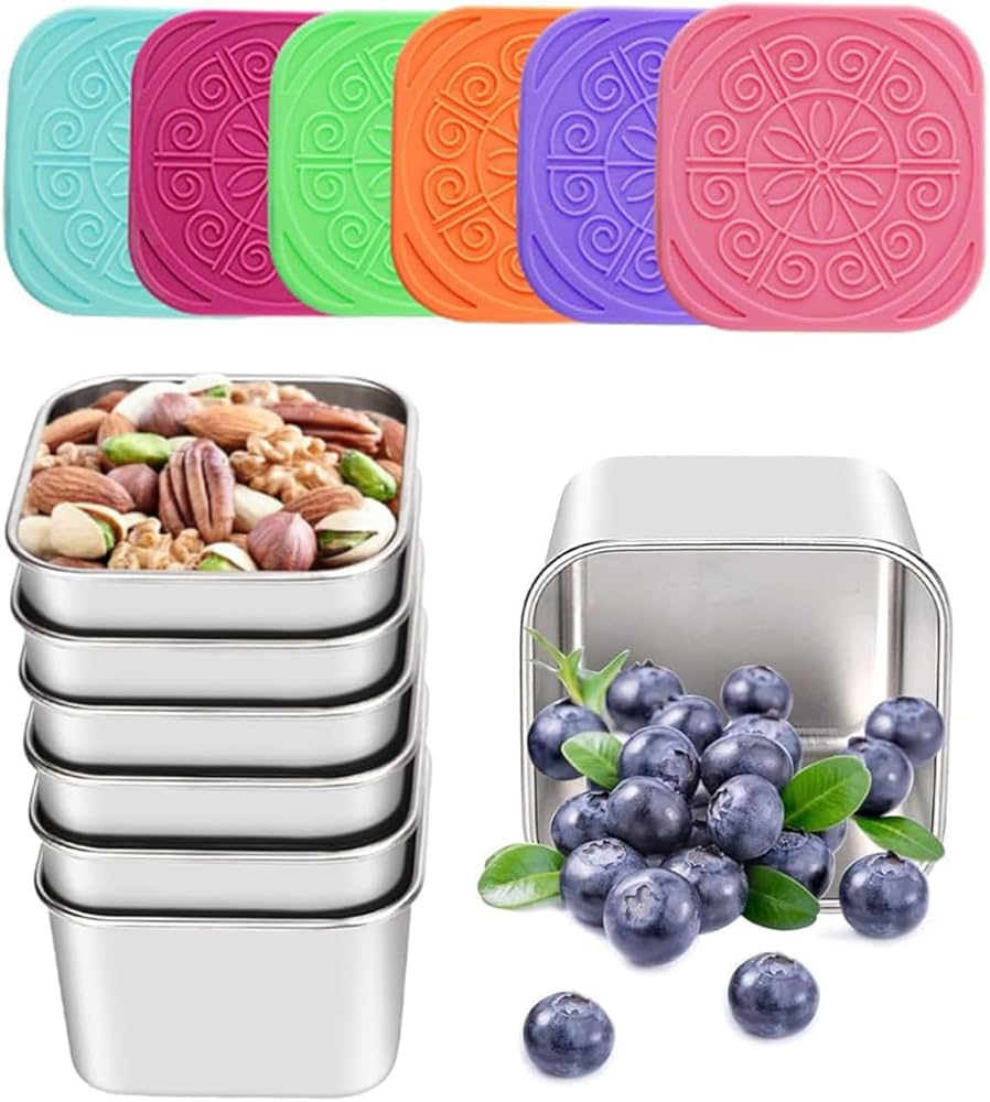 6 Pack Stainless Steel Snack Containers,Leak Proof Stainless Steel Storage Container With Silicone Lid,Suitable for Picnics Schools, Salad Dressing Containers Lunch Boxes