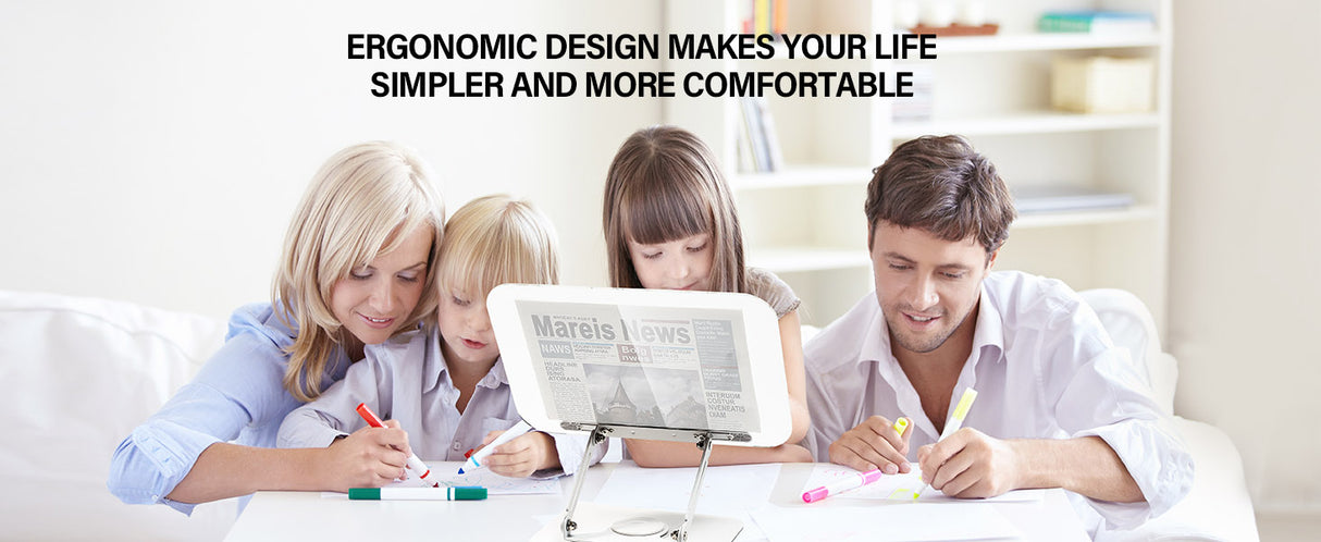 Book Stand for Reading, Adjustable Book Holder with 360° Swivel Base Foldable Stand Recipe Book Holder with Elastic Page Clips