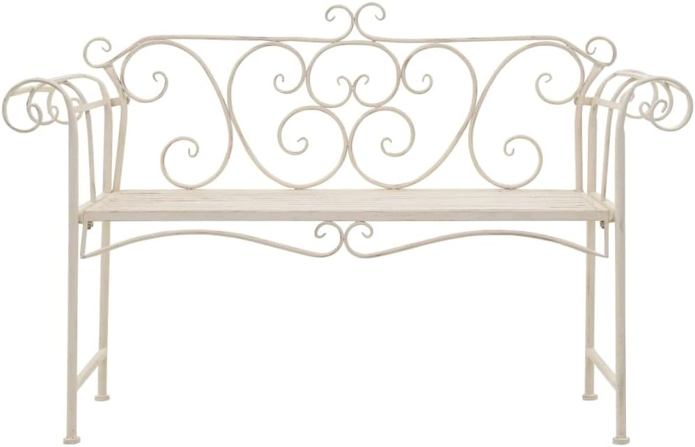 Elegant Vintage-Style Metal Garden Bench in Antique White