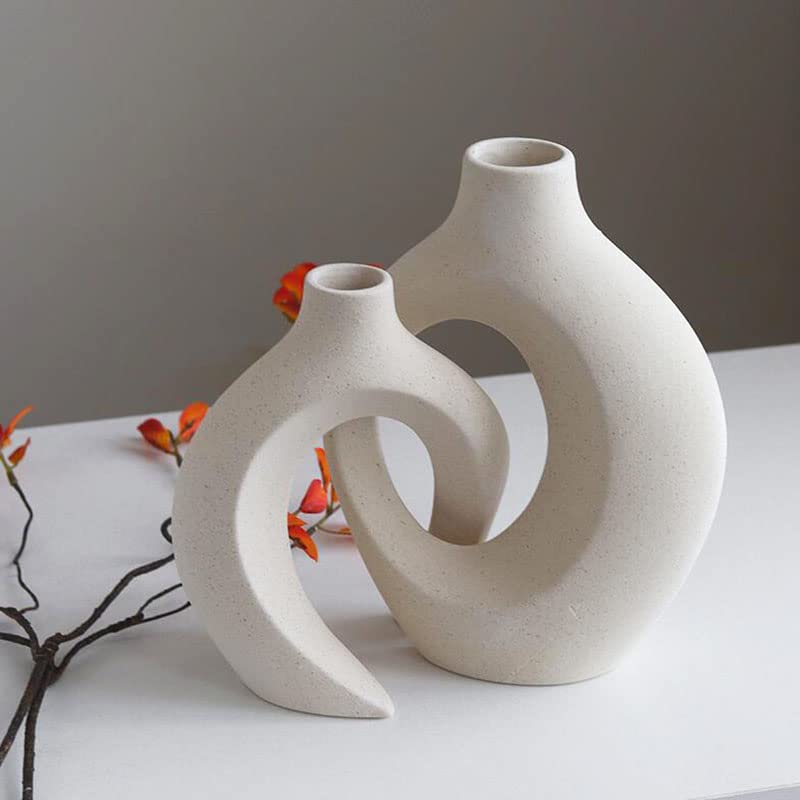 Ceramic Vase Set - 2 Flower Donut Modern Vases for Home Décor, Creative White Vases Minimalism Style Decor Vase Table Vase for Living Room Entryway Bookshelf Mantel Centerpieces Shelf