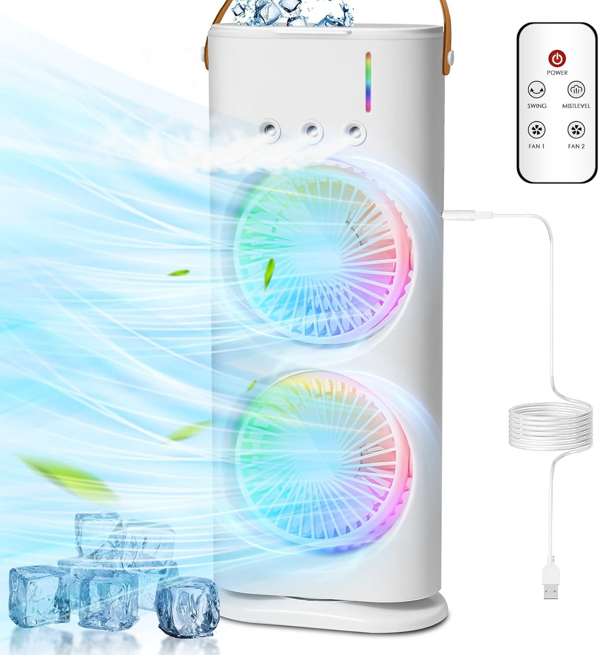Mobile Air Conditioner with Remote Control, USB Portable Air Cooler, Mini Air Conditioner, Portable Air Cooler Fan, 3 Wind Speeds, Spray Function, 7 Colours Light