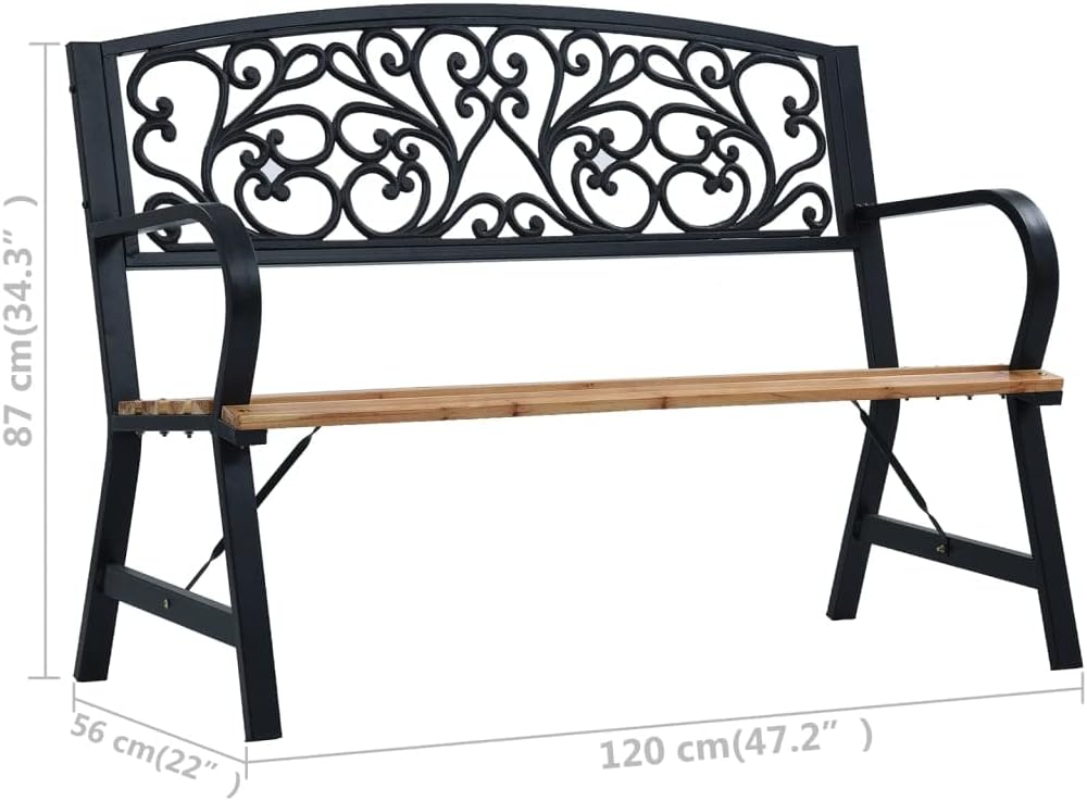 Wooden Garden Bench with Vintage Style, Weather-Resistant Outdoor Furniture with Steel Frame and Cast Iron Backrest, 120 cm Black.