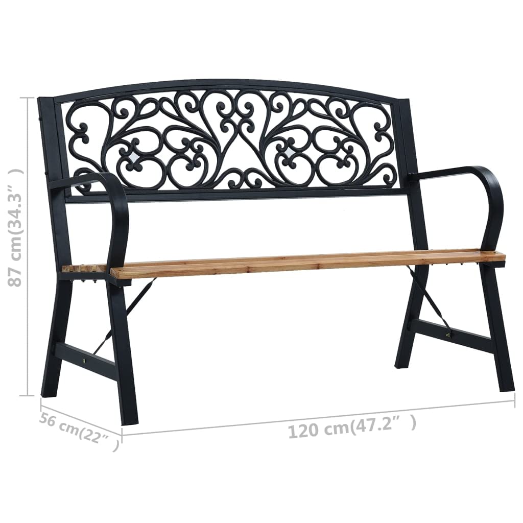 Wooden Garden Bench with Vintage Style, Weather-Resistant Outdoor Furniture with Steel Frame and Cast Iron Backrest, 120 cm Black.