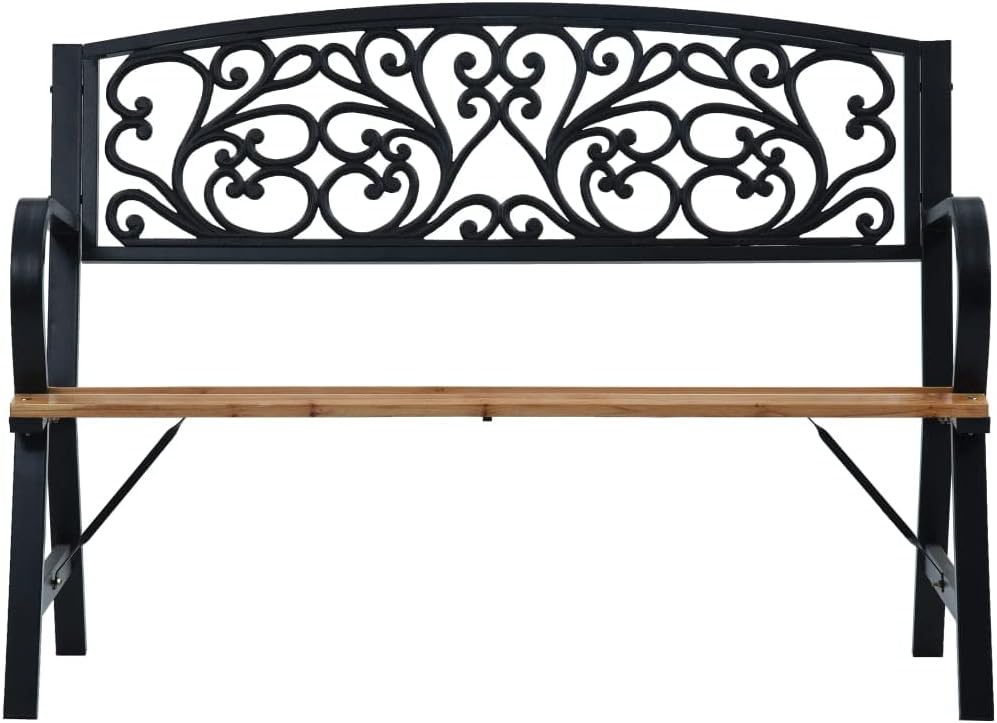 Wooden Garden Bench with Vintage Style, Weather-Resistant Outdoor Furniture with Steel Frame and Cast Iron Backrest, 120 cm Black.