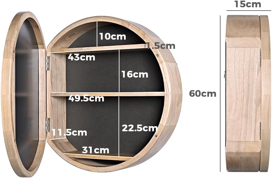 Simplus Round 600MM Bathroom Mirror Cabinet with Glass Door Shower Shaving Cupboard Wall Mounted Medicine Vanity Storage Shelves (Oak)