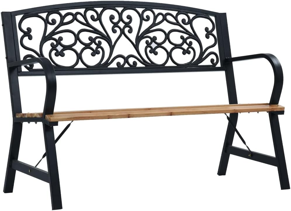 Wooden Garden Bench with Vintage Style, Weather-Resistant Outdoor Furniture with Steel Frame and Cast Iron Backrest, 120 cm Black.