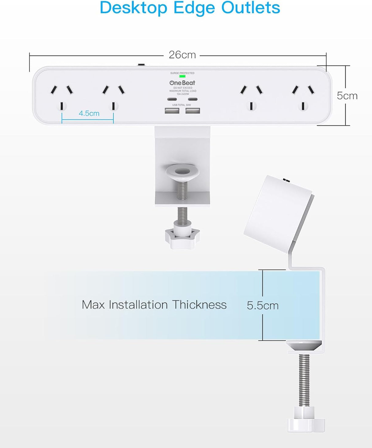 One Beat PD 30W Desk Clamp Power Board USB C,Fast Charging Station,4 Outlets with 4USB Ports(2USB C), Desktop Mounted Power Board Surge Protected,1.5M Extension Cord for Desk Accessories Home Office