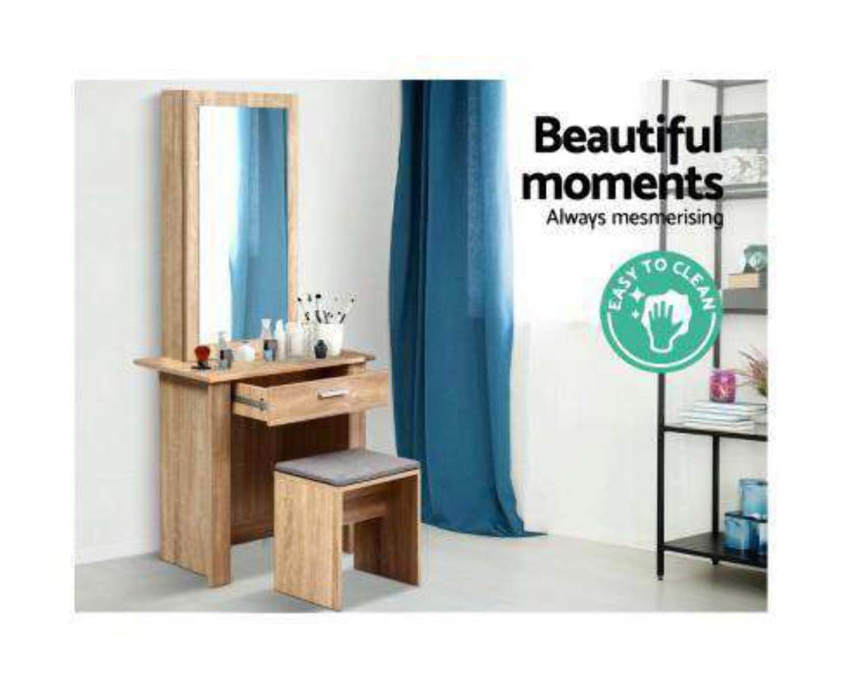 Dressing Table Mirror Slidable Makeup Space Stool Wooden Vanity Desk Chair, Home Bedroom Furniture Oak Girls Kids Women Organisers, with Legs Floor Standing