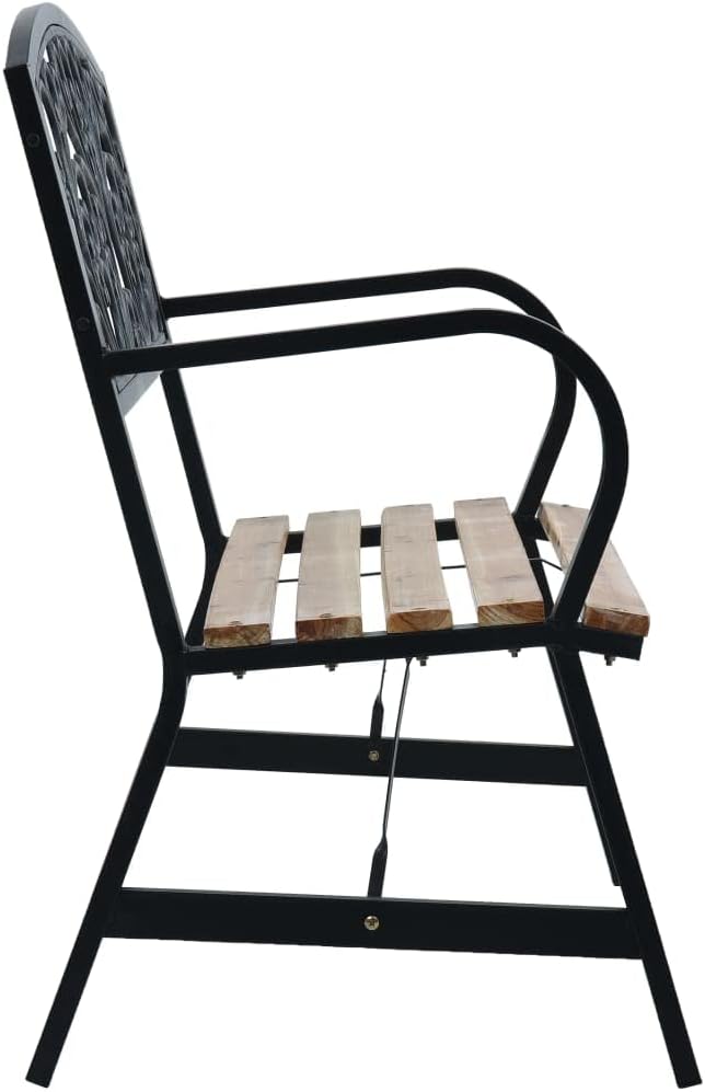 Wooden Garden Bench with Vintage Style, Weather-Resistant Outdoor Furniture with Steel Frame and Cast Iron Backrest, 120 cm Black.
