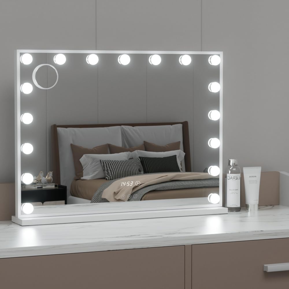 Hollywood Makeup Mirror, 80 x 60cm Vanity Mirrors Beauty Cosmetic Dressing Bathroom Decor, 17 LED Light Bulbs with 10X Magnification Frame Tabletop Lights Rectangle Dimmable