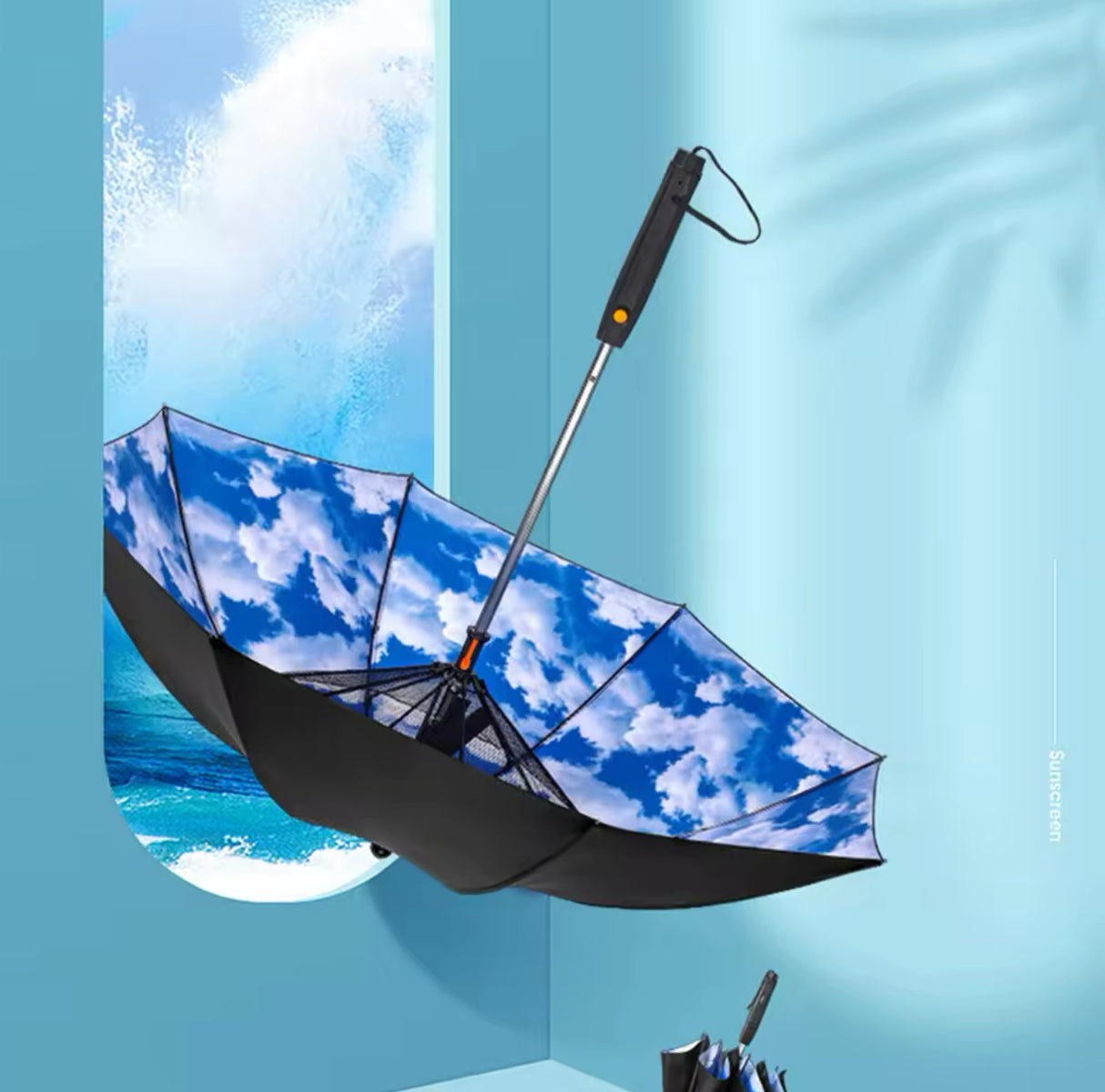 Portable Umbrella For Outdoor Protection | Waterproof Materials 3-in-1 Umbrella With Fan And Sprayer Blue and white cloud