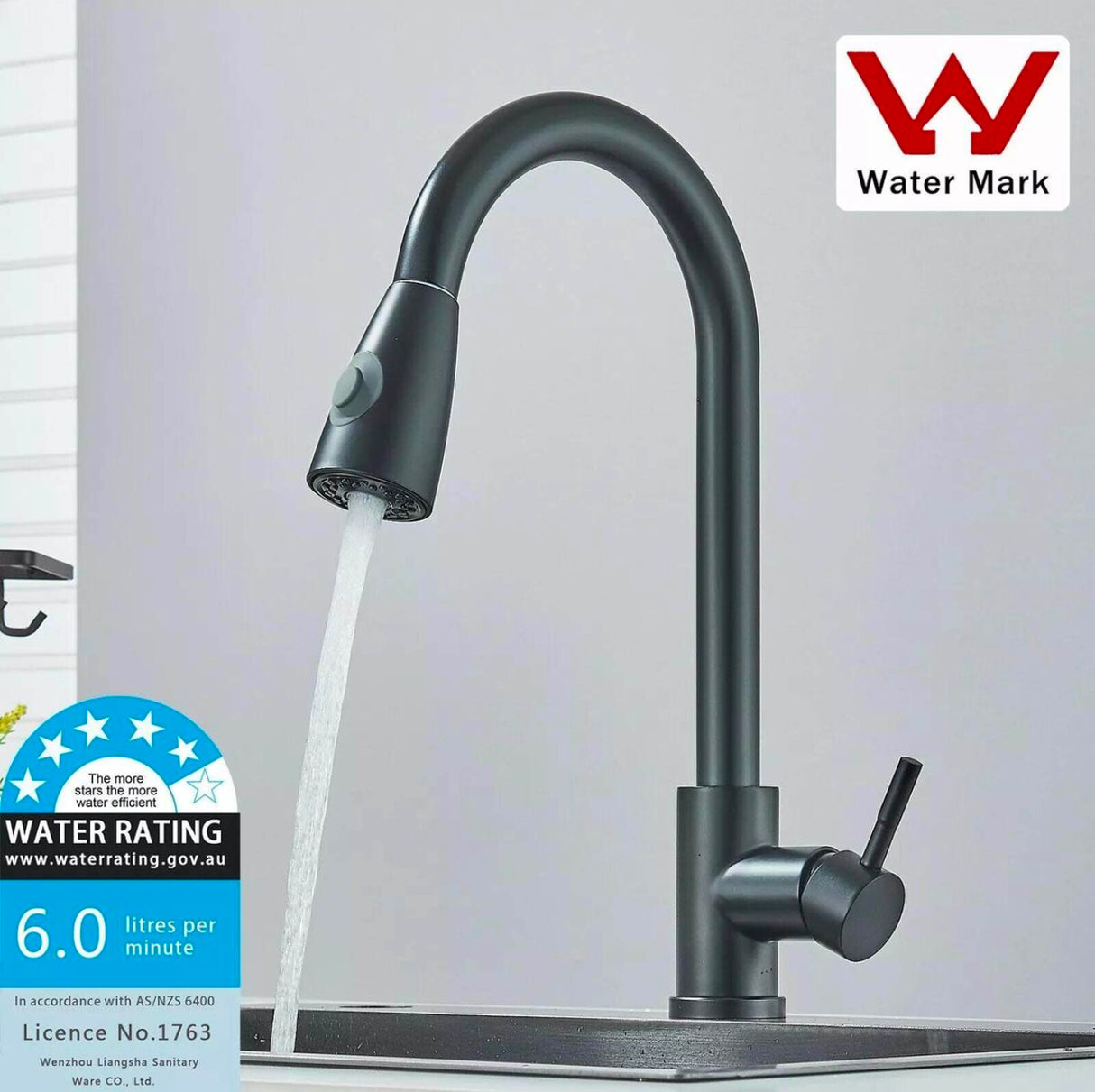 WELS Kitchen Mixer Tap Black 360° Pull Out 2-Mode Spray Laundry Sink Faucet