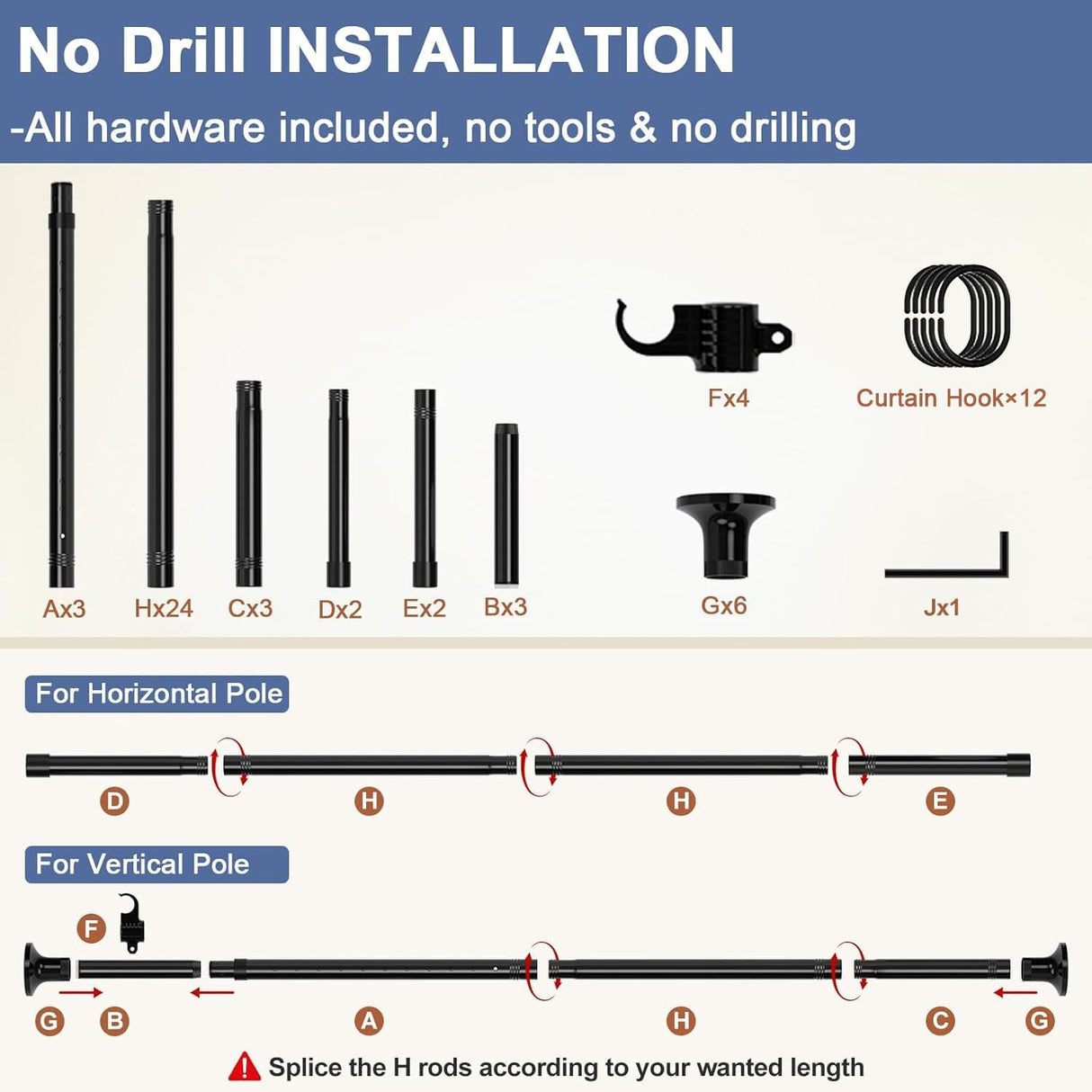 Room Divider No Drilling Curtain Rod Wall Divider for Room Separation, 122-305cm(H) 70-290cm(W) Adjustable, Heavy Duty Partition Space Separator Freestanding Tension Curtain Standr, Black