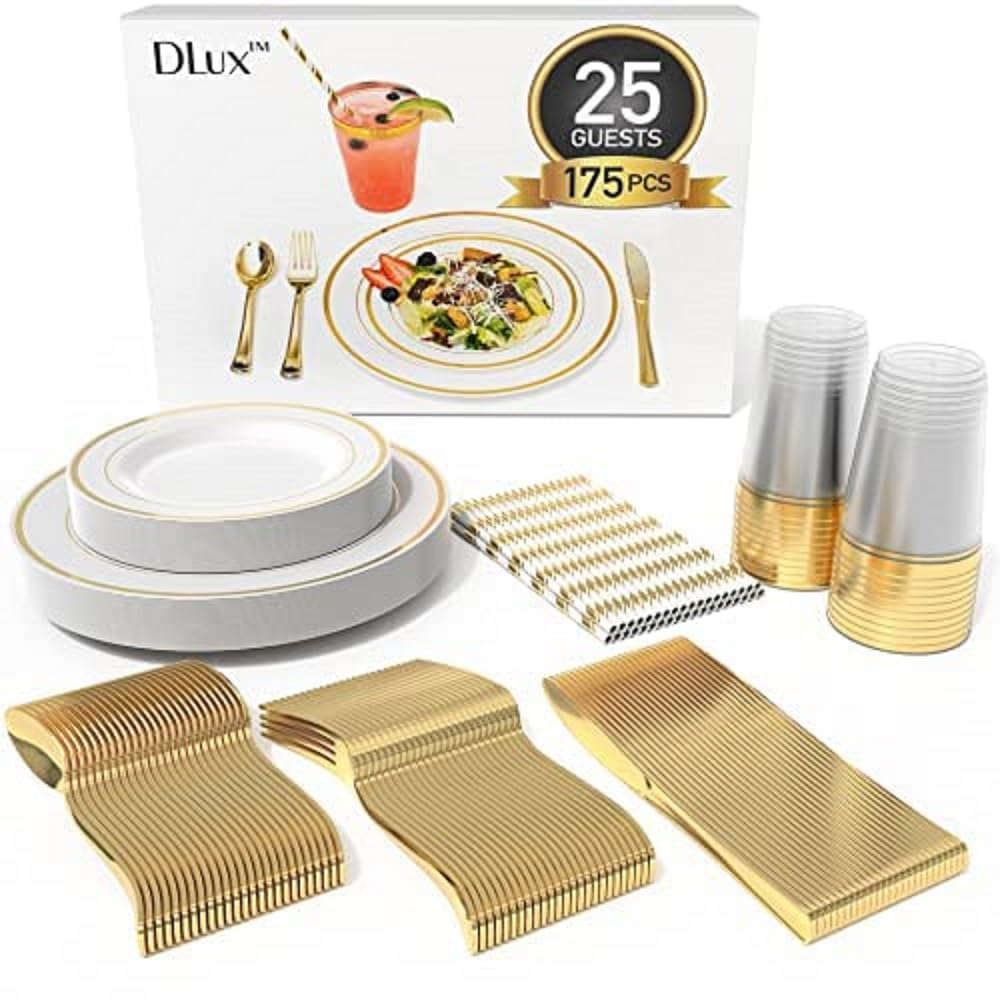 175 Pieces Gold Plastic Dinnerware Set for 25 Guests, (25 Forks, Knives, Spoons, Cups, Straws, Salad & Dinner Plates) for Wedding and Party, Reusable