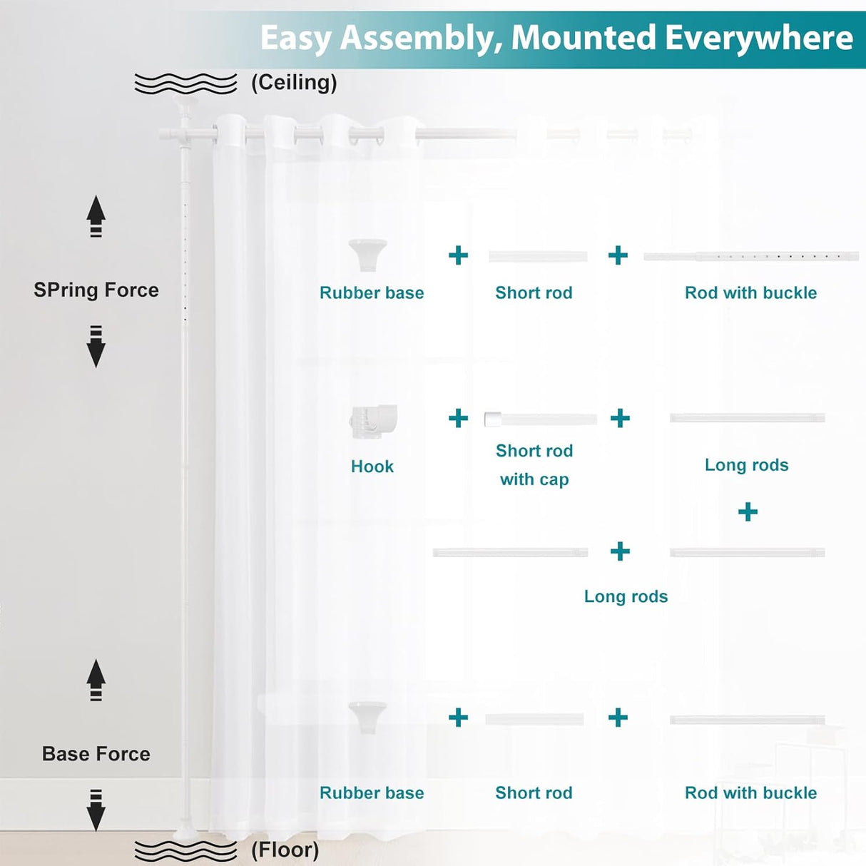 Room Divider, No Drilling Curtain Rods Wall Divider for Room Separation, 120” Tall 114” Wide Adjustable Floor to Ceiling Hanging Partition Room Dividers, Long Heavy Duty Room Divider Curtain Rods