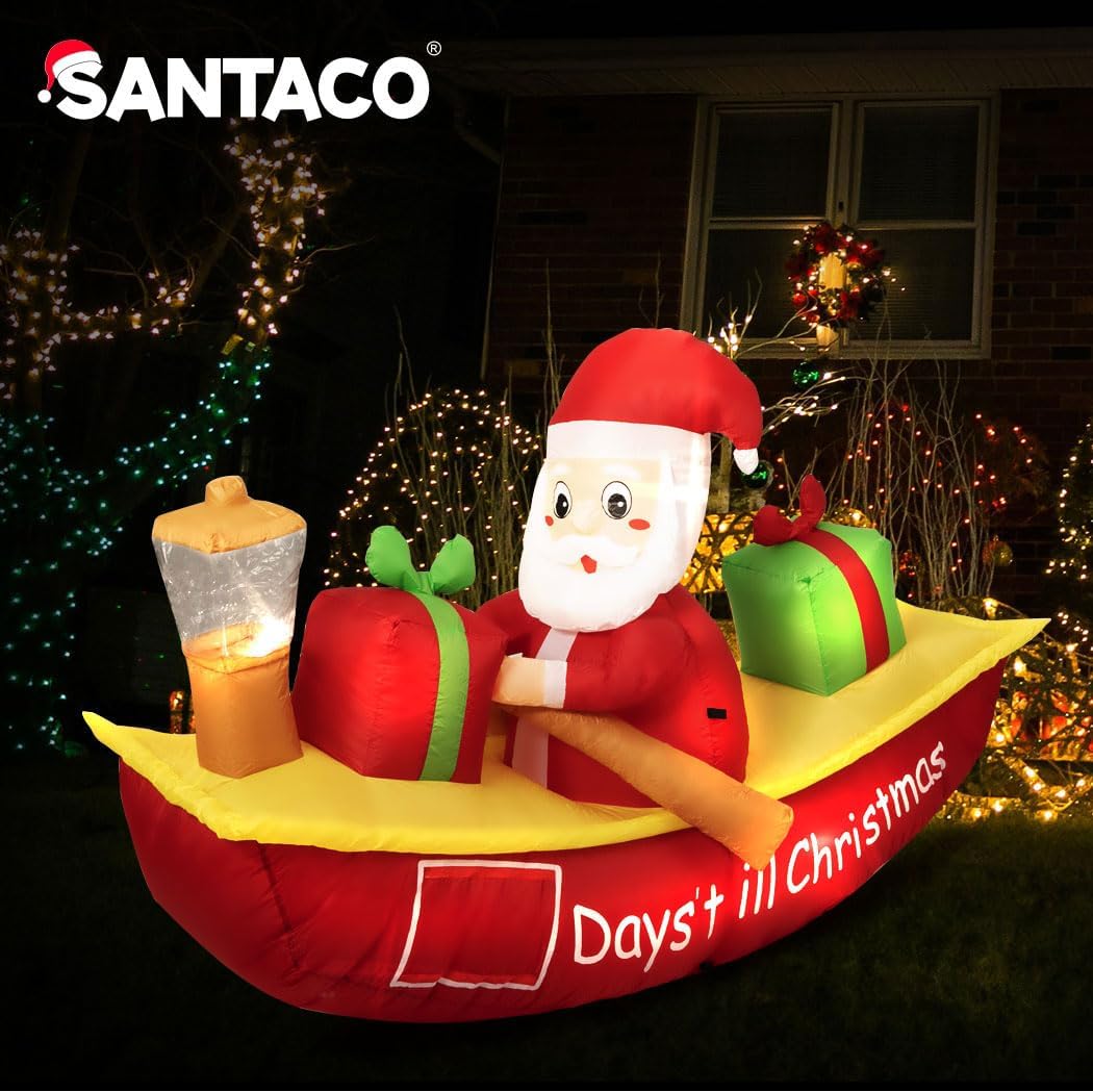 Christmas Inflatable Santa Clau Boat Xmas Indoor Decorations with LED Lights,Fast Self-Inflatable and deflatable,Waterproof Home Garden Holiday Party Outdoor Decor Red Colour 135cm x 210cm
