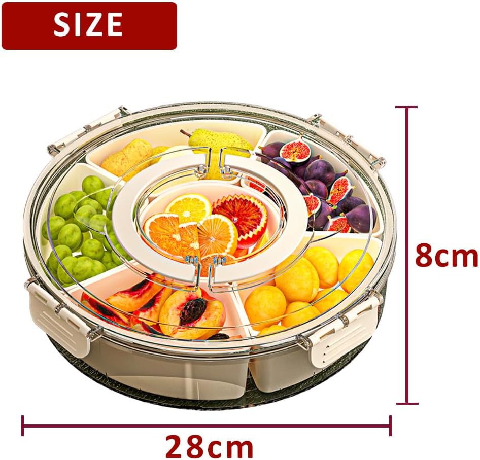 IRONA Portable Spinnable Snackle Box Container, Divided Dishes, Trays & Platters,Divided Rotating Serving Tray with Lid and Handle for Veggie, Fruit, Candy, Nuts, Divided Serving Platter