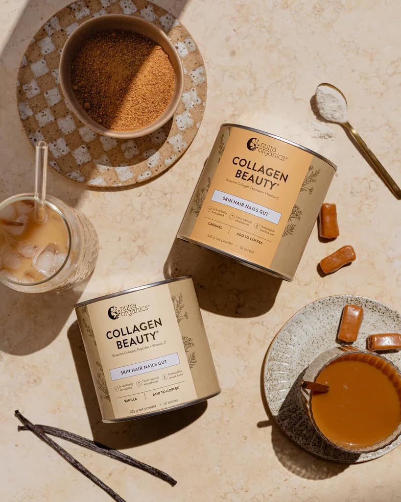 Nutra Organics Collagen Beauty Vanilla 225g | Low Sugar, Non-Dairy, Drink Mix w/Vitamin C | Collagen Powder that Supports Skin Elasticity & Hydration, Healthy Hair, Nails, & Gut Wellbeing (18 Serves)