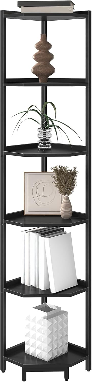 Hzuaneri Corner Shelf Stand, Corner Bookshelf, Storage Standing Shelf Unit with Metal Frame, Plant Stand, Corner Bookcase for Living Room, Home Office, Bedroom, Black CS06006B