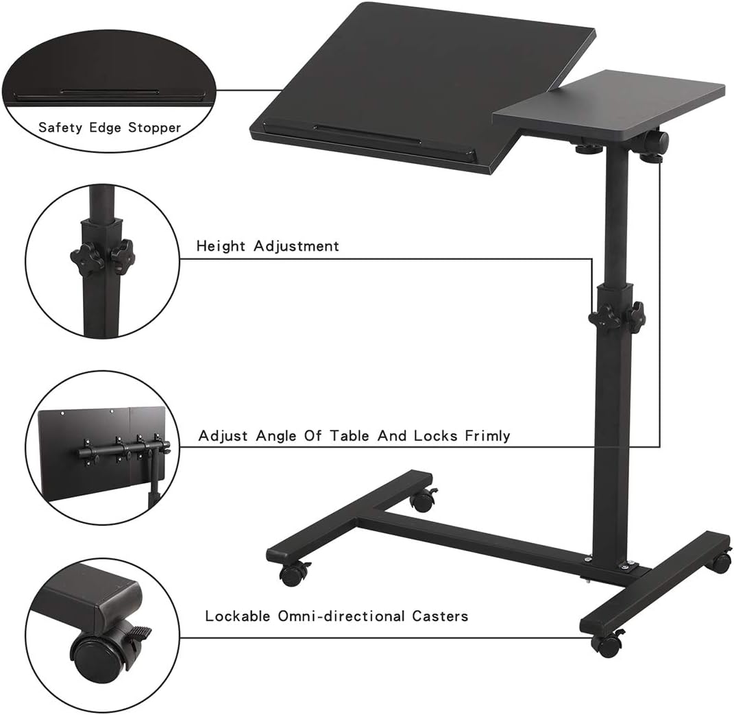 TigerDad Overbed Bedside Desk Mobile Rolling Laptop Stand Tilting Overbed Table with Wheels Height Adjustable Tray Table for Laptop Bed Sofa Side Table (Black)