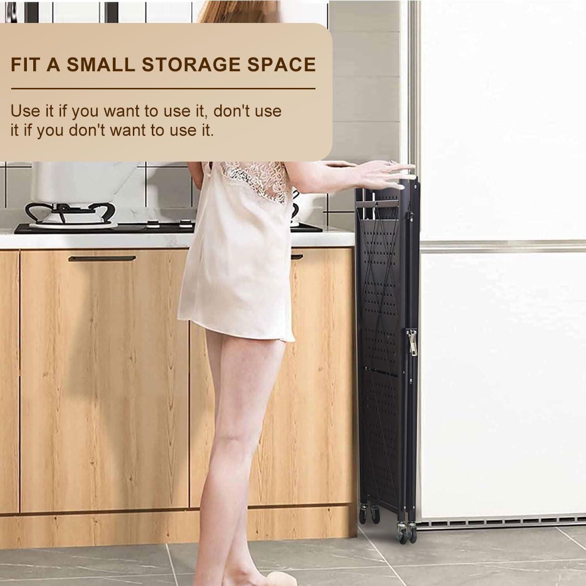 3-Tier Foldable Storage Shelf with Wheels - Metal Collapsible Shelving Unit Display, Rolling Cart for Books Kitchen Storage Shelves - Black