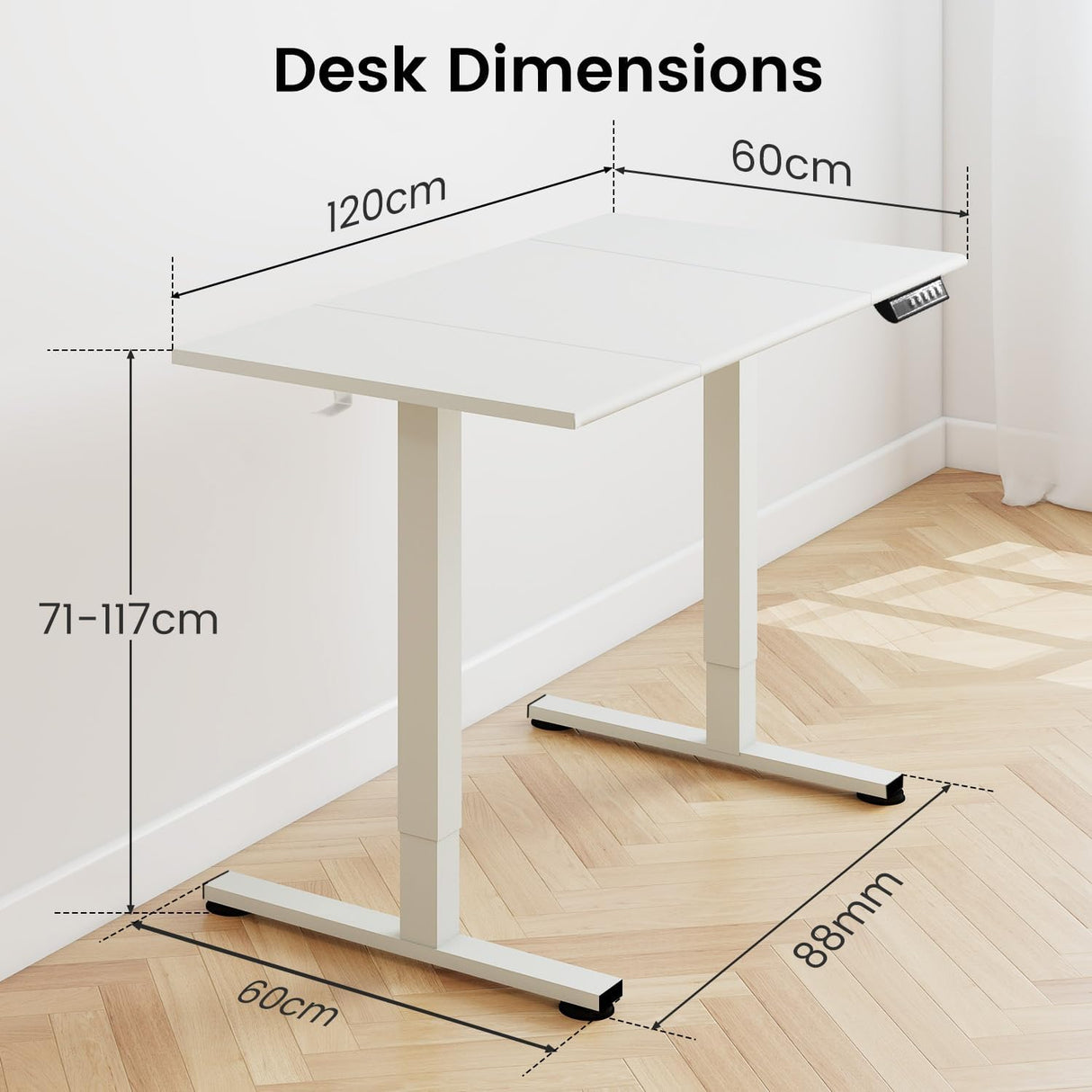 Yodolla Electric Standing Desk, 120x60cm Height Adjustable Sit Stand Desk with Memory Function, Ergonomic Computer Desk for Home Office, Gaming Desk, Study Table with Hooks, White Frame Desktop