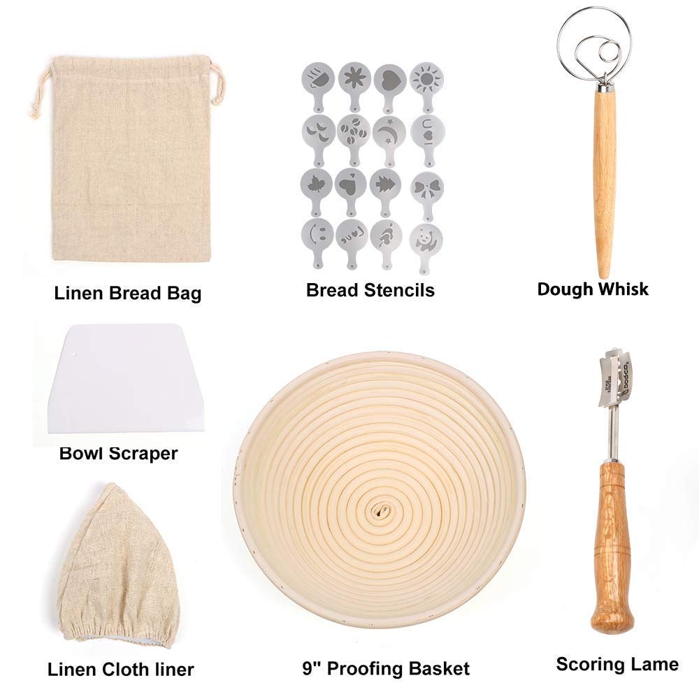 Bread Proofing Basket 9 Inch, Professional Baking Tool 7 Pack Set, Includes Banneton Proofing Basket, Cloth Liner, Bread Bag, Scoring Lame, Whisk, Scraper, Stencils, for Professional and Home Baker …