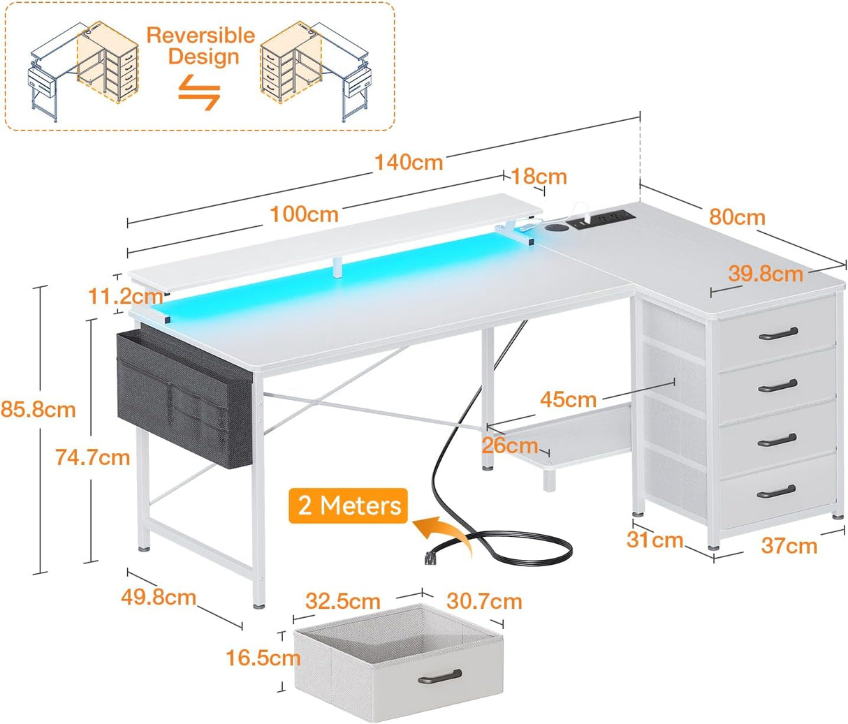 ODK L Shaped Computer Desk with Monitor Stand 140x80cm,Reversible Corner Gaming Desk with LED Lights & Power Outlets& Storage Drawers,for Home Office Writing Study,140 * 80 * 89cm,White