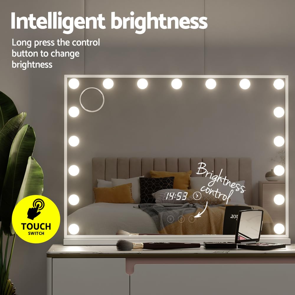 Hollywood Makeup Mirror, 80 x 60cm Vanity Mirrors Beauty Cosmetic Dressing Bathroom Decor, 17 LED Light Bulbs with 10X Magnification Frame Tabletop Lights Rectangle Dimmable