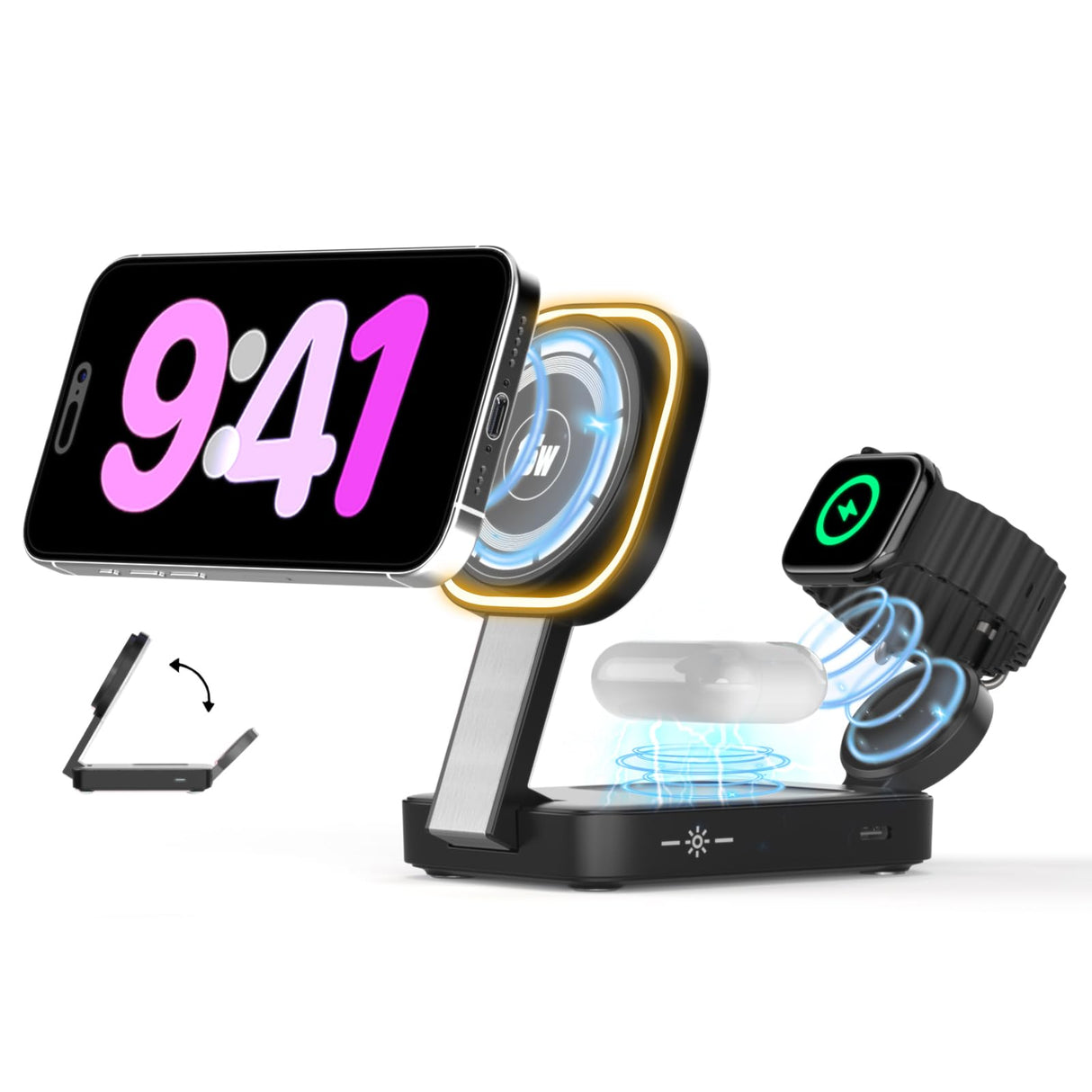 3 in 1 Foldable Wireless Charging Station for iPhone Magnetic Charger,Mag-Safe Travel Wireless Charger Stand Dock Compatible with iPhone 16/15/14/13&Air-Pods&Apple Watch with Night Light Stand(White)