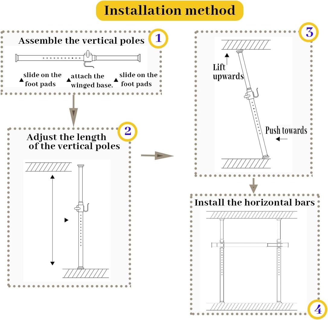 Adjustable Garment Rack Floor-to-Ceiling Clothes Rack - Thick Steel, Nail-Free Installation, with 2 Pillars, 1 Bars, and 2 Mesh Shelves.
