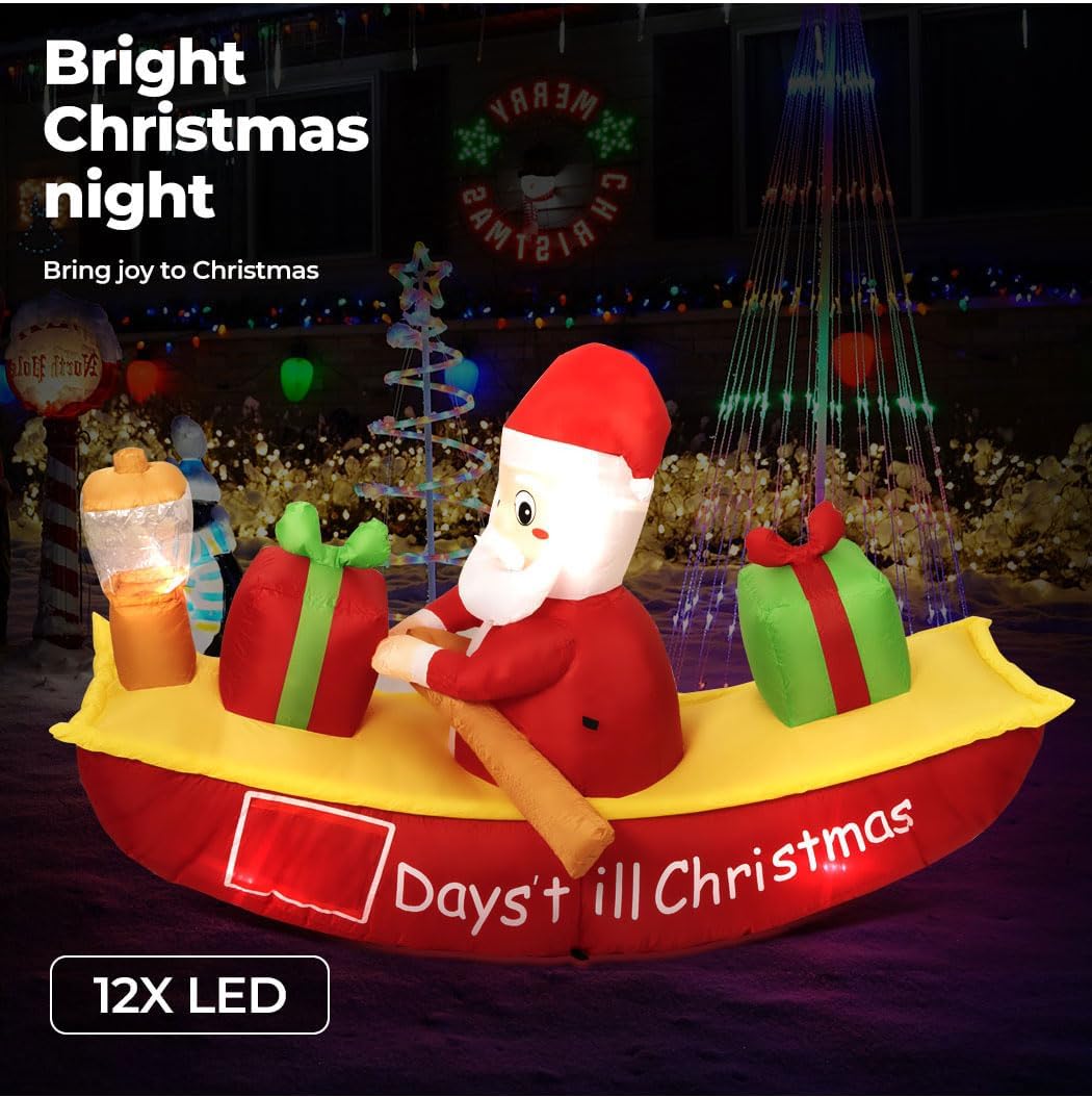 Christmas Inflatable Santa Clau Boat Xmas Indoor Decorations with LED Lights,Fast Self-Inflatable and deflatable,Waterproof Home Garden Holiday Party Outdoor Decor Red Colour 135cm x 210cm