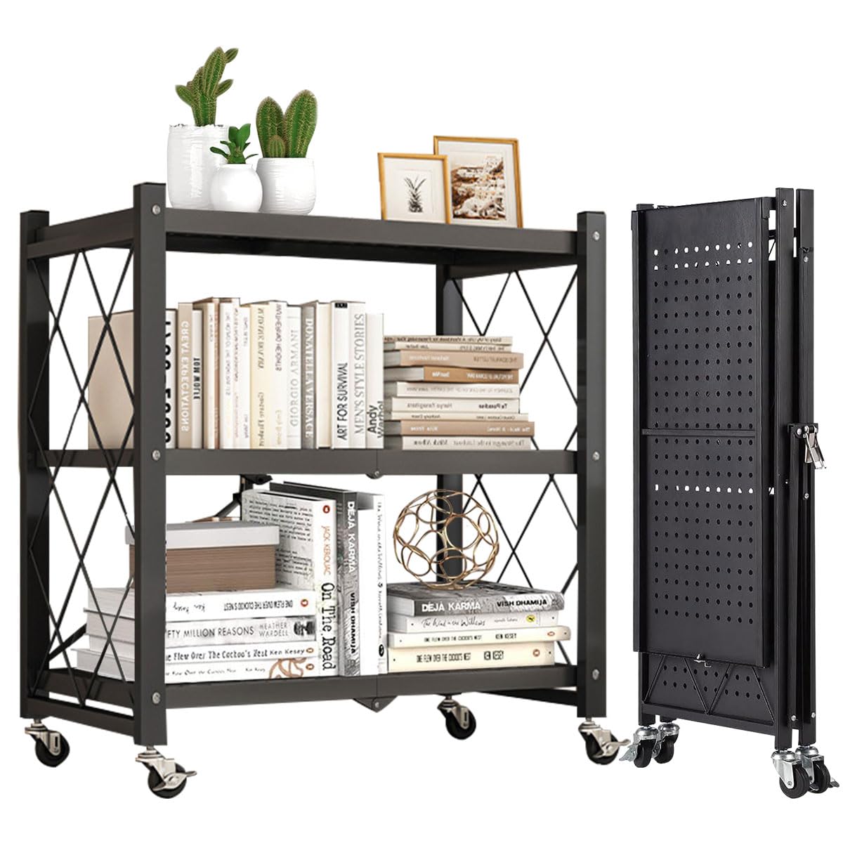 3-Tier Foldable Storage Shelf with Wheels - Metal Collapsible Shelving Unit Display, Rolling Cart for Books Kitchen Storage Shelves - Black
