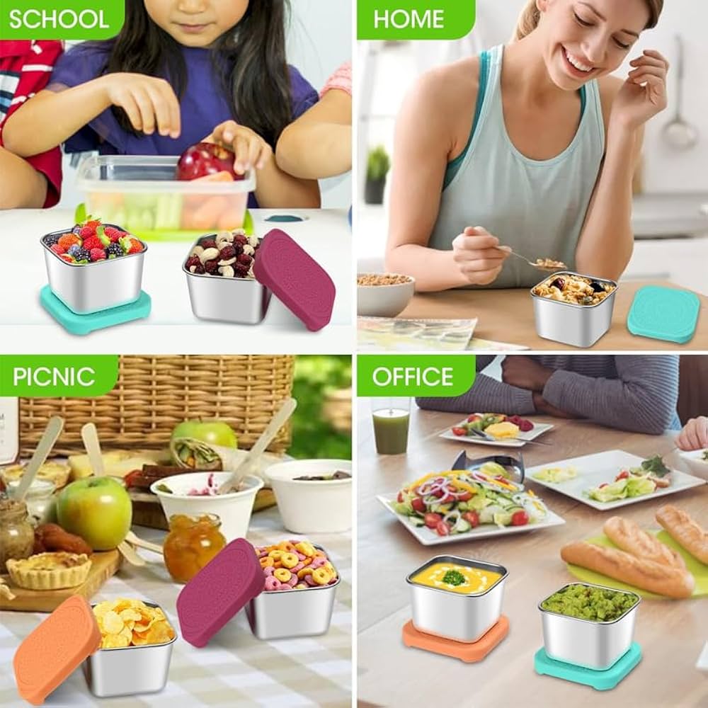 6 Pack Stainless Steel Snack Containers,Leak Proof Stainless Steel Storage Container With Silicone Lid,Suitable for Picnics Schools, Salad Dressing Containers Lunch Boxes