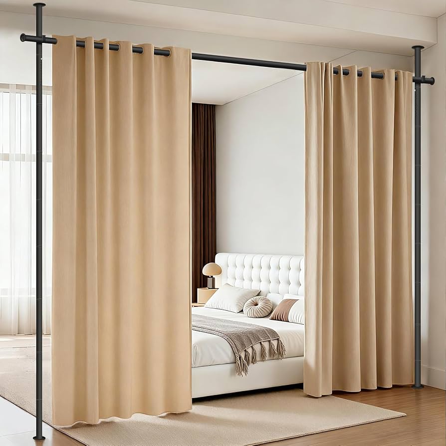 Room Divider Curtain Rod No Drilling, Wall Divider for Room Separation, 121-304cm(H) 71-177cm(W) Adjustable, Heavy Duty Floor to Ceiling Tension Curtain Stand, Black