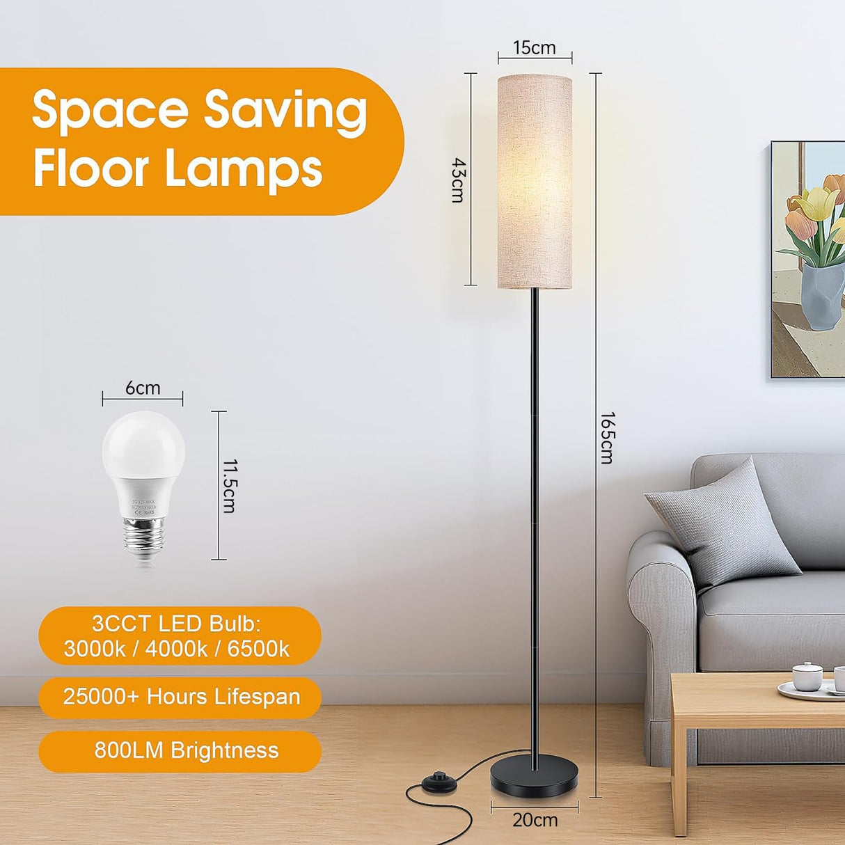 Floor Lamp for Living Room, 165CM 3 Color Temperature Standing Floor Lamps with Foot Switch, Tall Modern Stand Up Bright lamp Corner Light, Floor Column Room Lamp (9W Bulb Included)