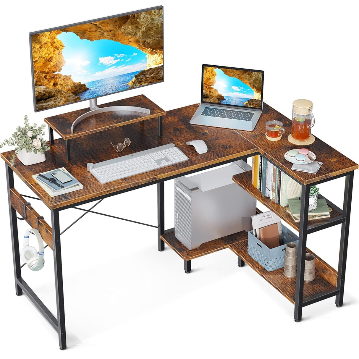 L Shaped Computer Desk with Reversible Storage Shelves, L-Shaped Desk 118 * 80 * 86.4cm Corner Desk with Monitor Stand for Small Space, Modern Writing Table for Home Office Desk, Rustic Brown