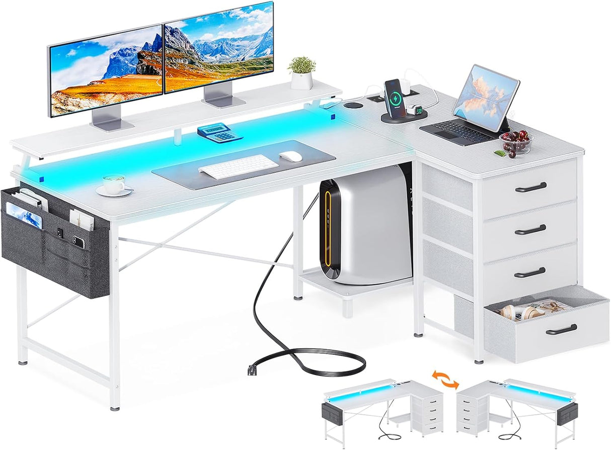 ODK L Shaped Computer Desk with Monitor Stand 140x80cm,Reversible Corner Gaming Desk with LED Lights & Power Outlets& Storage Drawers,for Home Office Writing Study,140 * 80 * 89cm,White