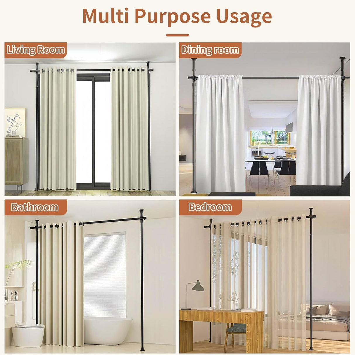 Dsocool Room Divider Curtain Rod, No Drilling Room Separator for Space Partition Adjustable 122-305cm(H) 70-177cm(W) Heavy Duty Temporary Wall Divider Floor to Ceiling Tension Rod, Black