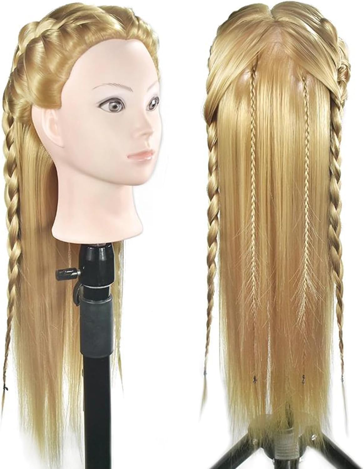 26-28'' Mannequin Head Synthetic Fiber Hair Styling Training Head Dolls for Cosmetology Manikin Maniquins Practice Head with Table Clamp Holder (27#)
