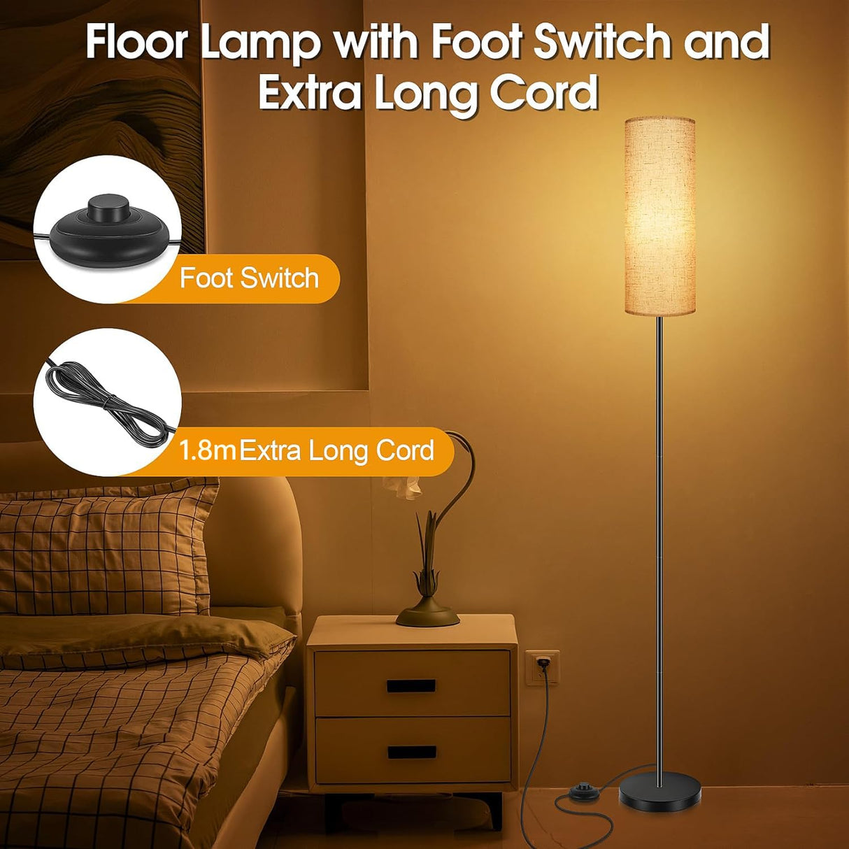 Floor Lamp for Living Room, 165CM 3 Color Temperature Standing Floor Lamps with Foot Switch, Tall Modern Stand Up Bright lamp Corner Light, Floor Column Room Lamp (9W Bulb Included)