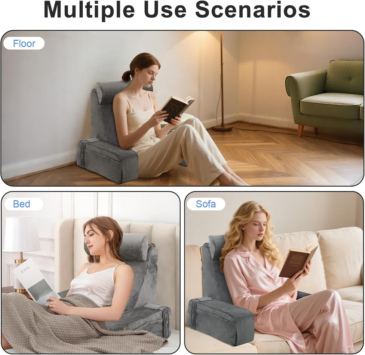 Reading Pillow,Back Pillow for Bed Sitting Up,Backrest Support Pillow with Arm and Large Pockets,Bed Chair for Reading,Gaming,Relaxing,Working or Watching TV in Bed&Floor