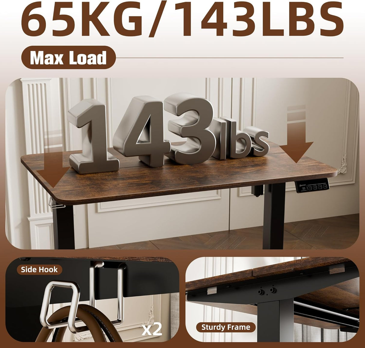 ERGOMAKER Electric Standing Desk 90x60cm (35.4"x23.6"), Height Adjustable Standing Desk with Splice Board, Sit Stand Desk with Hook and Memory Smart Handset(Black Frame + Rustic Brown Desktop)