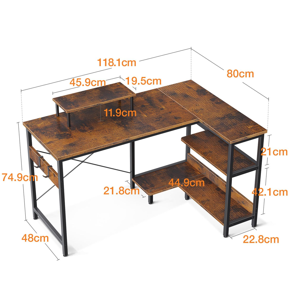 L Shaped Computer Desk with Reversible Storage Shelves, L-Shaped Desk 118 * 80 * 86.4cm Corner Desk with Monitor Stand for Small Space, Modern Writing Table for Home Office Desk, Rustic Brown