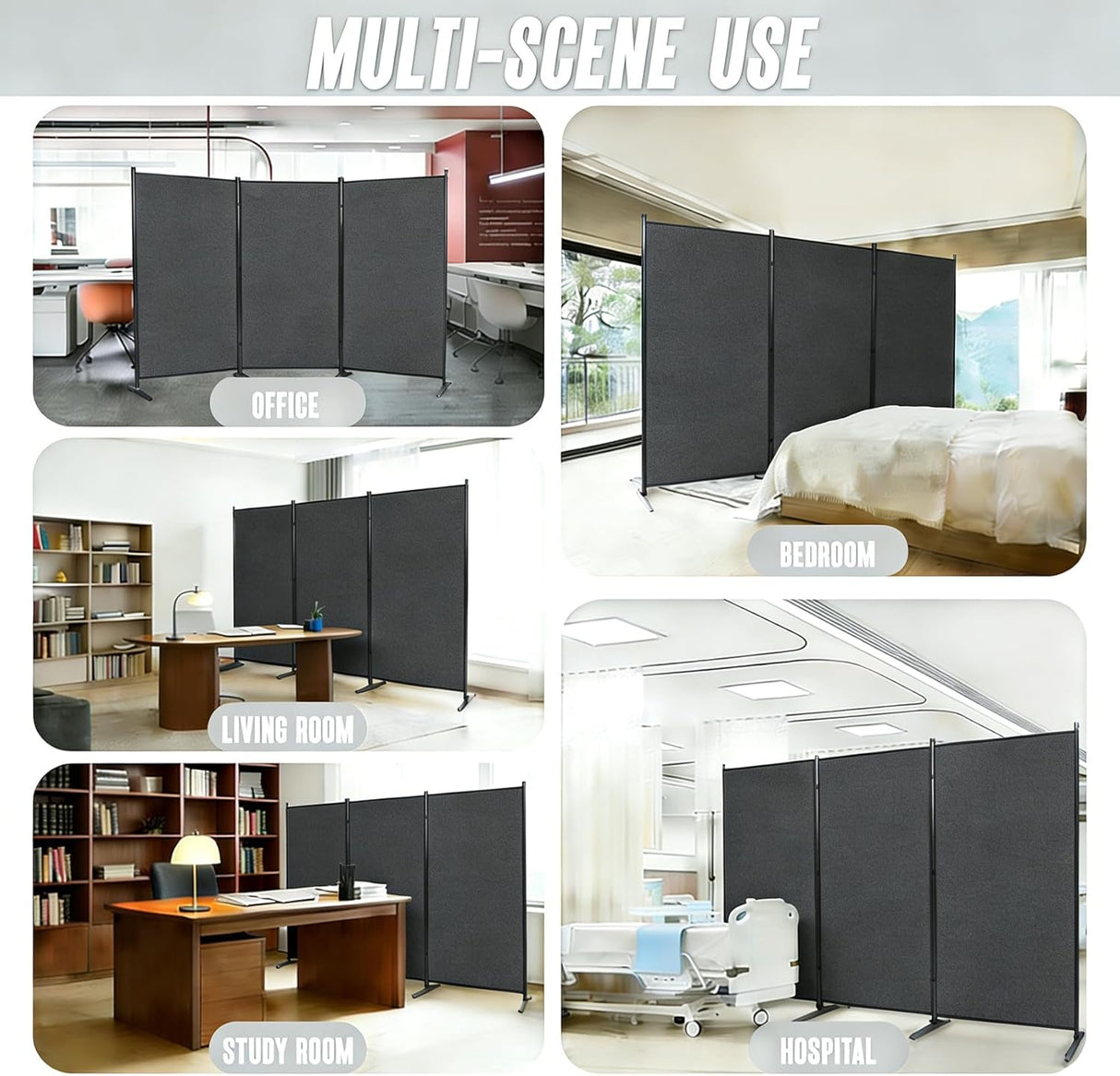 Grey Portable Room Divider, 3 Panel Freestanding Office Dividers, Folding Partition Privacy Wall Screen for Separation, 260 * 50 * 180Cm