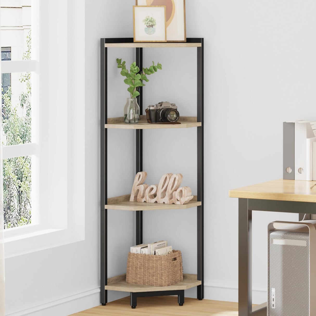 Hzuaneri Corner Shelf Stand, Corner Bookshelf, Storage Standing Shelf Unit with Metal Frame, Plant Stand, Corner Bookcase for Living Room, Home Office, Bedroom, Black CS06006B