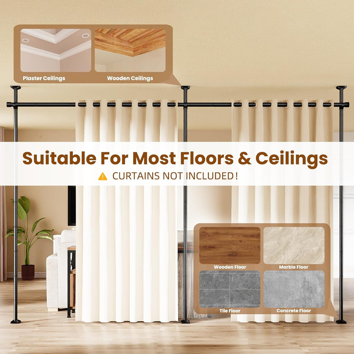 Bonpally Room Divider Curtain Rod, No Drilling Tension Rod for Room Separation, 4-10ft(H) 28-114inch(W) Adjustable Heavy Duty Floor to Ceiling Wall Divider Room Partition Privacy Separator, Black