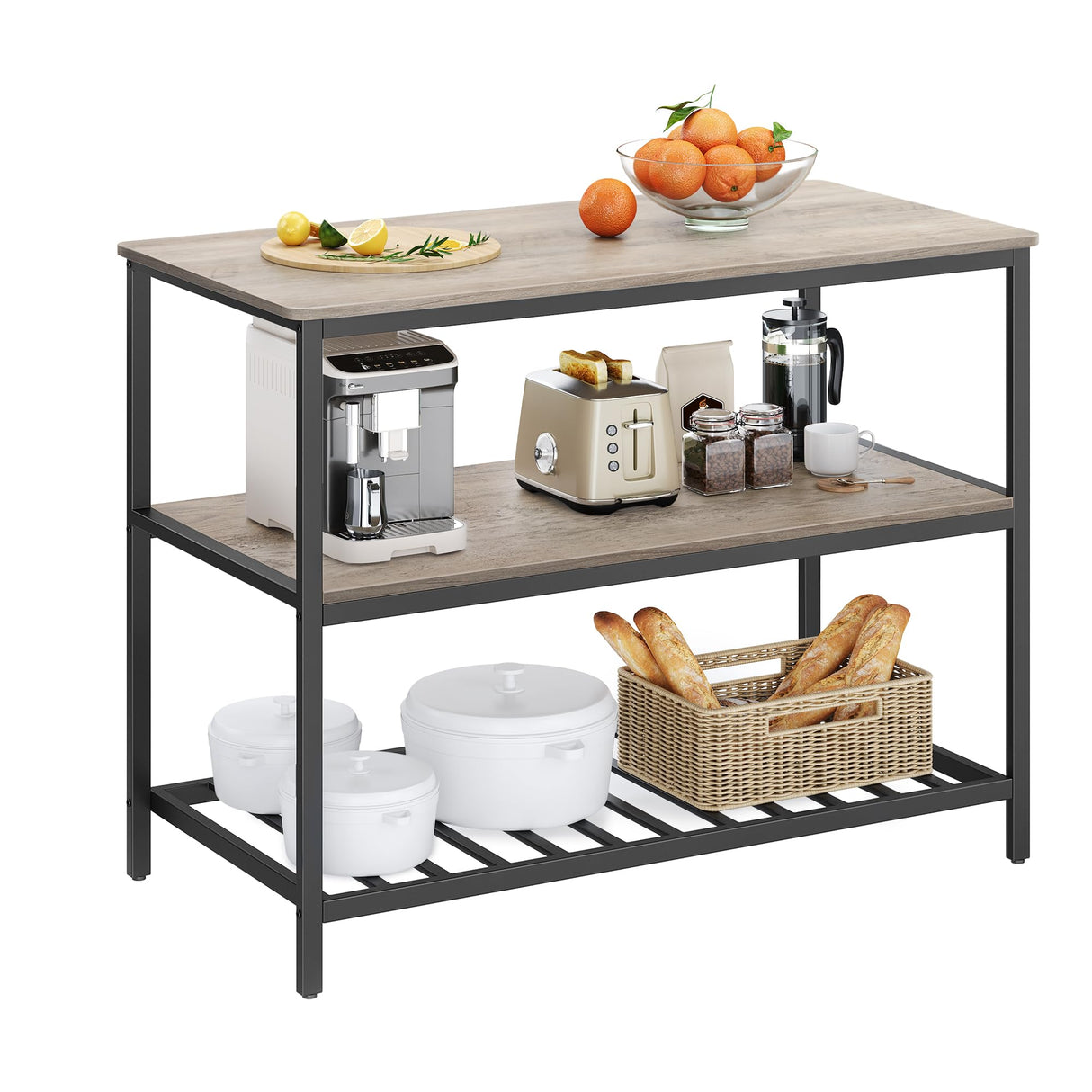 Kitchen Island with 3 Shelves, 47.2 Inches Kitchen Shelf with Large Worktop, Stable Steel Structure, Industrial, Easy to Assemble, Greige and Black
